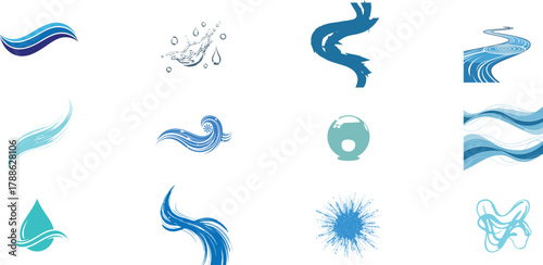 Collection of abstract blue and turquoise fluid and liquid art elements and designs with organic and flowing shapes
