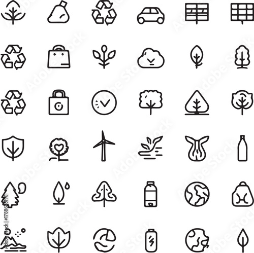 Eco and Sustainability Line Art Icons Set — Minimal Black Outline Vector Collection