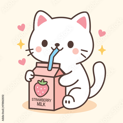 Cute kawaii cat sipping strawberry milk in soft pastel colors. Perfect for stickers, t-shirts, and kids designs.