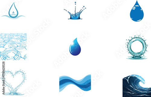 Collection of abstract blue water and liquid elements with diverse artistic interpretations and textures