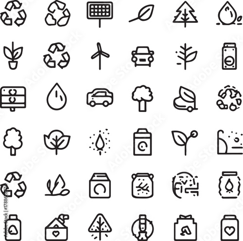 Eco and Sustainability Line Art Icons Set — Minimal Black Outline Vector Collection