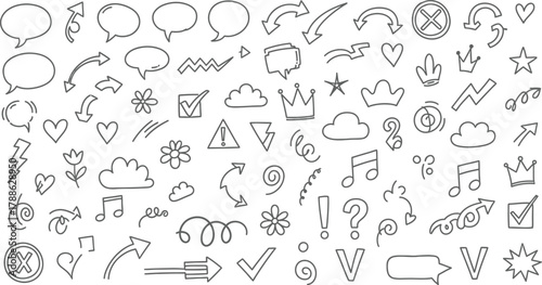 Hand Drawn Doodle Elements Arrows, Hearts, Crowns, Speech Bubbles, Notes on White