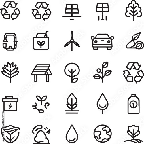 Eco and Sustainability Line Art Icons Set — Minimal Black Outline Vector Collection
