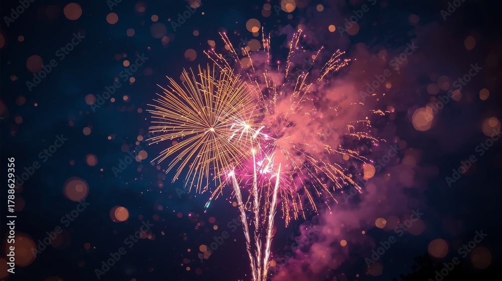 Fototapeta premium Three fireworks exploding in the night sky with bokeh light effect background