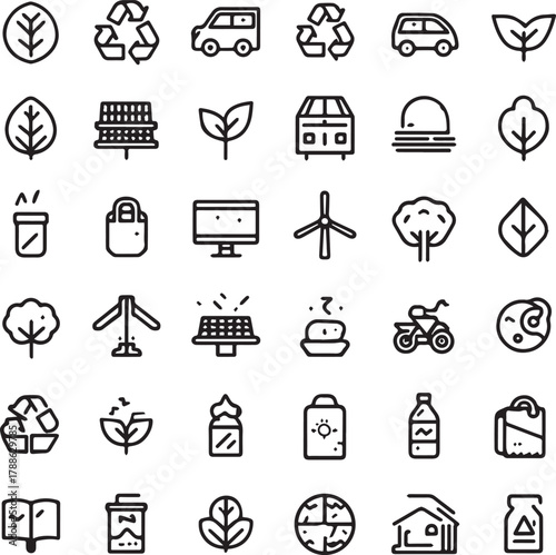 Eco and Sustainability Line Art Icons Set — Minimal Black Outline Vector Collection