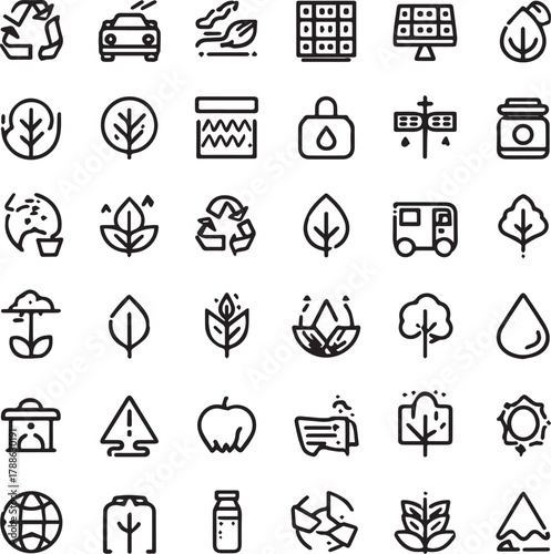 Eco and Sustainability Line Art Icons Set — Minimal Black Outline Vector Collection