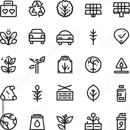 Eco and Sustainability Line Art Icons Set — Minimal Black Outline Vector Collection