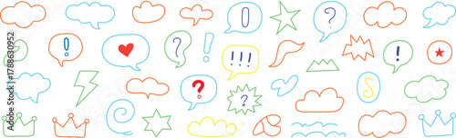 Funny, adorable speech bubble cartoon element icon set.  Cartoon vector icon with a line movement, emphasis, star spark, and adorable speech bubble.  Funny spark, outline doodle speed motion. 