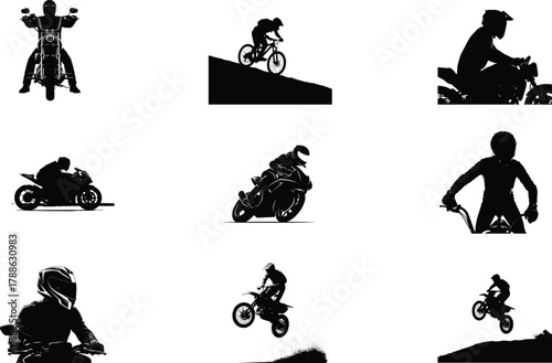 Collection of silhouetted motocross riders performing various stunts and actions on motorcycles against a white background