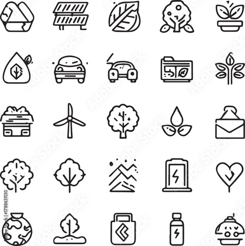 Eco and Sustainability Line Art Icons Set — Minimal Black Outline Vector Collection