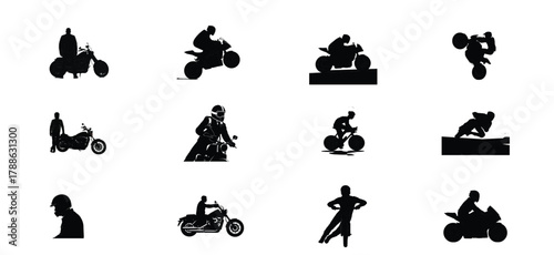 Collection of silhouette icons representing diverse action sports and motorcycle activities for graphic design