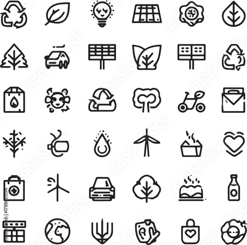 Eco and Sustainability Line Art Icons Set — Minimal Black Outline Vector Collection