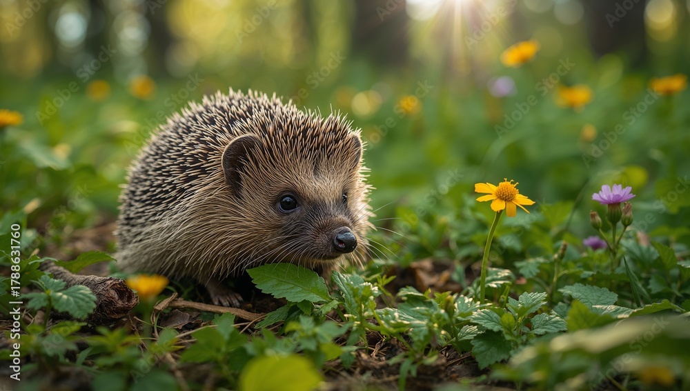 Fototapeta premium Prickly Companion Amidst Blooms. A Study in Texture, Form, and Golden Light.