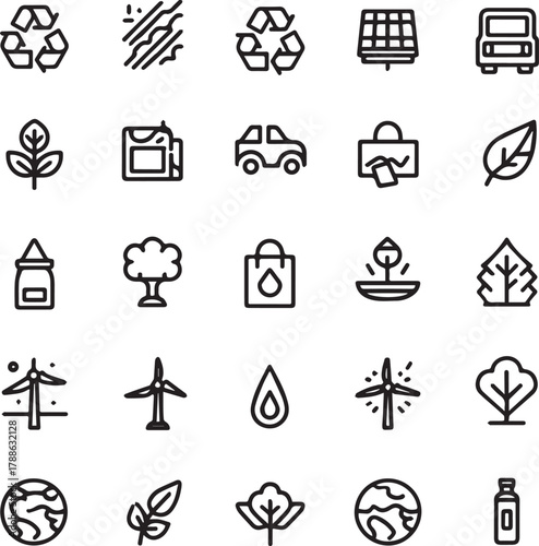 Eco and Sustainability Line Art Icons Set — Minimal Black Outline Vector Collection