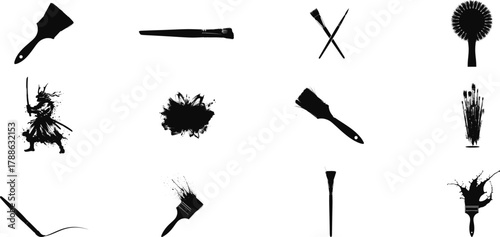 Collection of abstract black silhouettes of various tools and utensils against a white background
