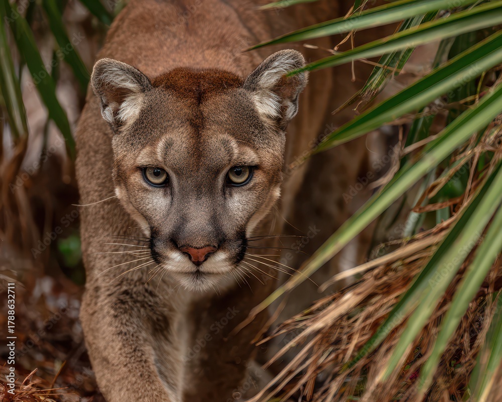 Obraz premium Florida Panther Stalking: A Majestic Puma Navigating Its Natural Habitat