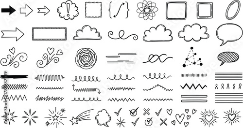 Hand Drawn Doodle Elements Set, Arrows, Hearts, Stars, Geometric Shapes on White