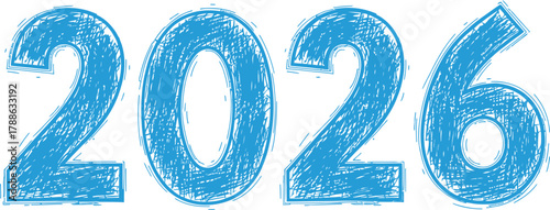 Bright blue chalk drawing of the year 2026 on a white background