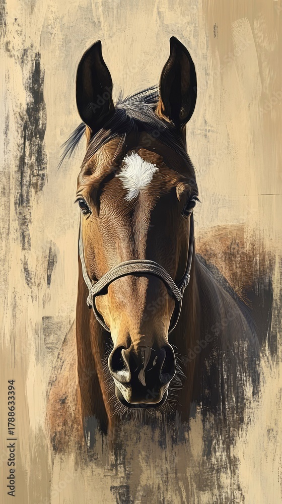 Fototapeta premium Graceful Pedigree Horse Portrait — Elegant Chocolate Stallion in Muted Pastel Colors