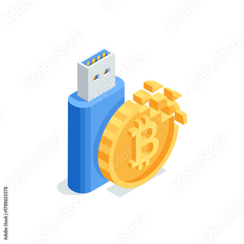 An isometric vector flash drive and bitcoin collected from particles, in color on a white background, digital cryptocurrency or storage