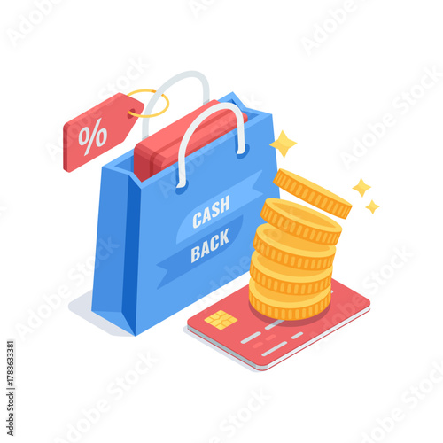 Isometric vector shopping bag with a box and coins falling on a credit card, in color on a white background, online shopping with bonuses and discounts and cashback