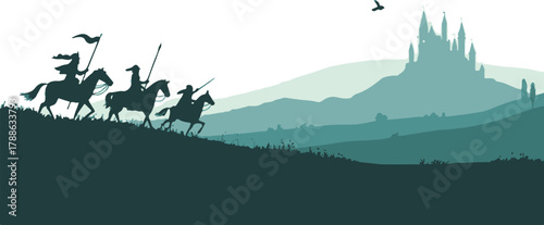 knight riders silhouette riding toward castle on distant hill