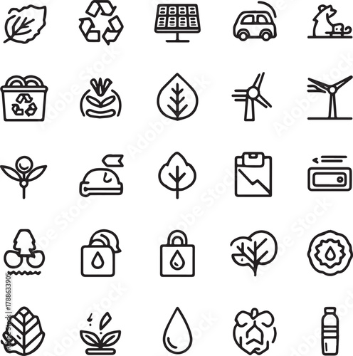 Eco and Sustainability Line Art Icons Set — Minimal Black Outline Vector Collection