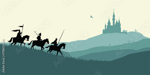 knight mounted figures heading to castle under layered hill skyline