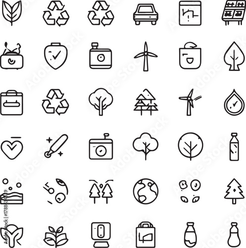 Eco and Sustainability Line Art Icons Set — Minimal Black Outline Vector Collection