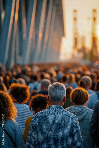Families gather for a community celebration at sunset in a lively urban setting