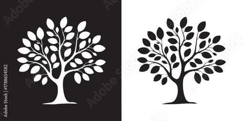 tree duality mirrored branches leaves black white vector concept
