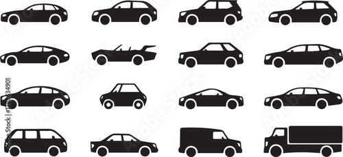 car silhouette grid of vehicle body styles micro sedan suv hatchback roadster pickup