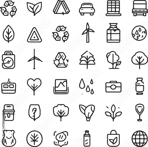 Eco and Sustainability Line Art Icons Set — Minimal Black Outline Vector Collection