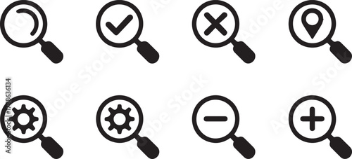 search magnifying glass icons set check x pin gear zoom