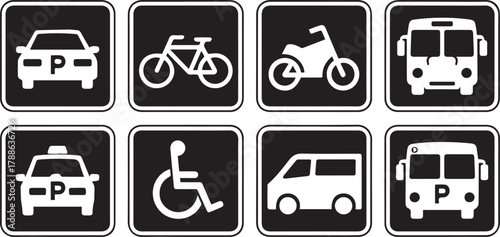parking symbols collection car bicycle motorcycle bus taxi van