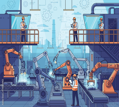 Isometric view of a modern factory with robotic arms and human workers, showcasing automation and humanmachine collaboration