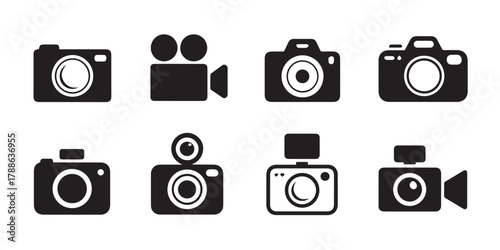 camera icon set of eight black and white camera and video device symbols