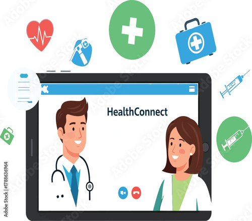 Healthconnect doctor and patient video call on tablet, discussing health, diagnosis, and treatment options in a virtual healthcare setting