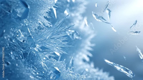 Ultra-realistic 3D macro render of shimmering rotating ice shards, cinematic frost in cold light, seamless winter loop background