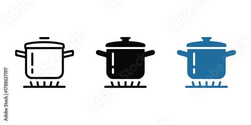 cooking pot icons outline solid colored stove burner lid handles set