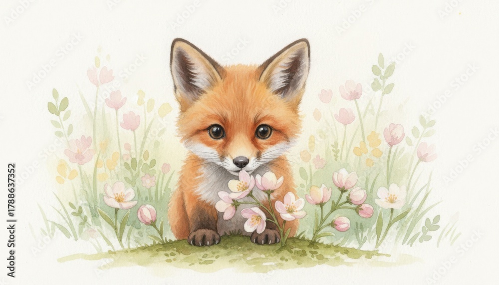 Fototapeta premium A sweet watercolor of a baby fox surrounded by pastel flowers, capturing a feeling of warmth, spring renewal, and the innocent curiosity of young wildlife in nature