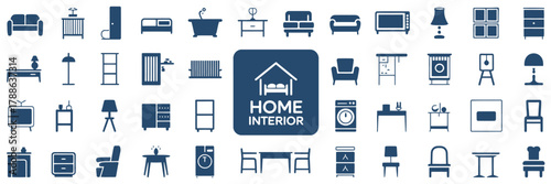 Home interior icon set, house living, furniture and home decor, bathroom, bedroom, kitchen, bookcase, chair, sofa symbols, modern vector artwork