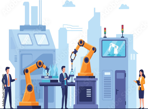 Industry and automation illustration with robotic arms, factory workers, and modern machinery
