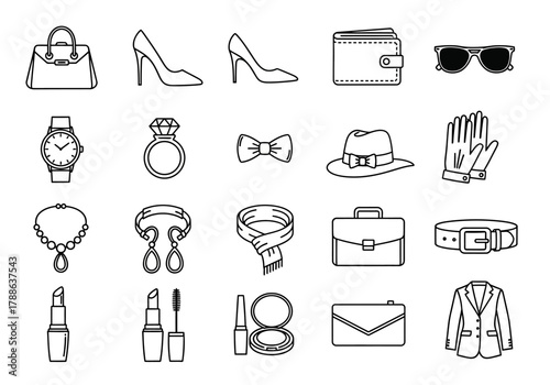 Collection of fashion and personal accessory line icons. Vector outline symbol set for men and women's style items including clothing, jewelry, and beauty products