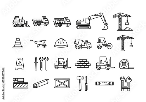 A comprehensive collection of construction industry line icons featuring heavy machinery, building tools, and safety equipment symbols for design