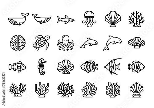 A comprehensive set of marine life line icons. Vector symbols of sea creatures like whales, sharks, turtles, and coral reefs