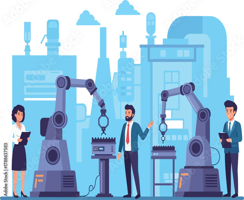 Industry and automation a team of engineers collaborates to oversee robotic arms working on a production line, ensuring precision and efficiency