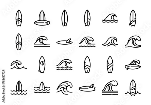 Surfing sport icon set. A vector collection of thin line symbols including surfboards, ocean waves, and summer beach activity elements