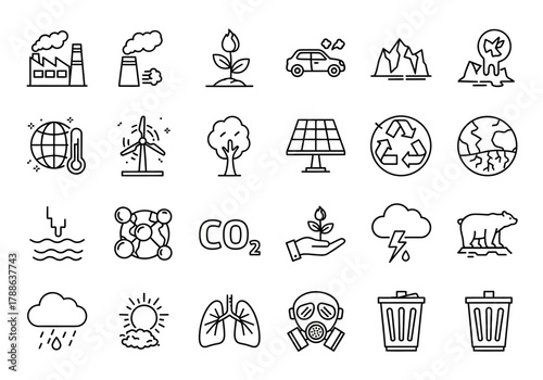 A collection of thin line vector symbols for global environmental issues, showing pollution, climate change, and renewable energy solutions