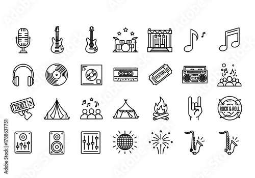 Comprehensive collection of music festival and rock concert line icons featuring guitar, drums, stage, and audio equipment symbols